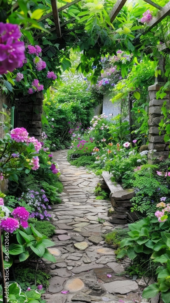 Poster A garden path with a bench and a stone wall