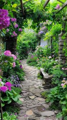 A garden path with a bench and a stone wall