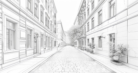 Fototapeta premium black and white sketch of modern and minimalistic European street, 3d illustration isolated on a white background