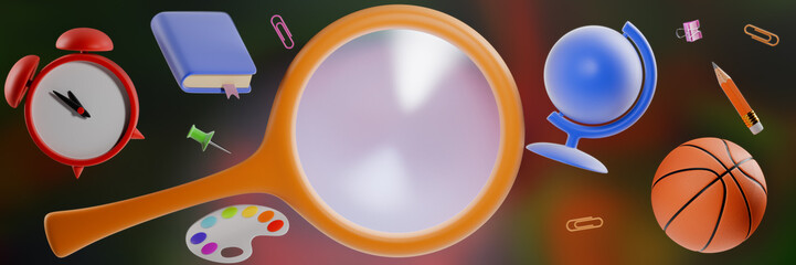 A magnifying glass surrounded by various school supplies and a basketball. 3d rendering