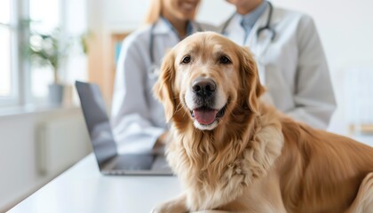 Golden retriever sitting on a table in a veterinary clinic, with a male and female veterinarian standing in the background.