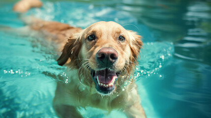 A dog happily swimming in the pool, summer, swimming pool, hd, adorable with copy space