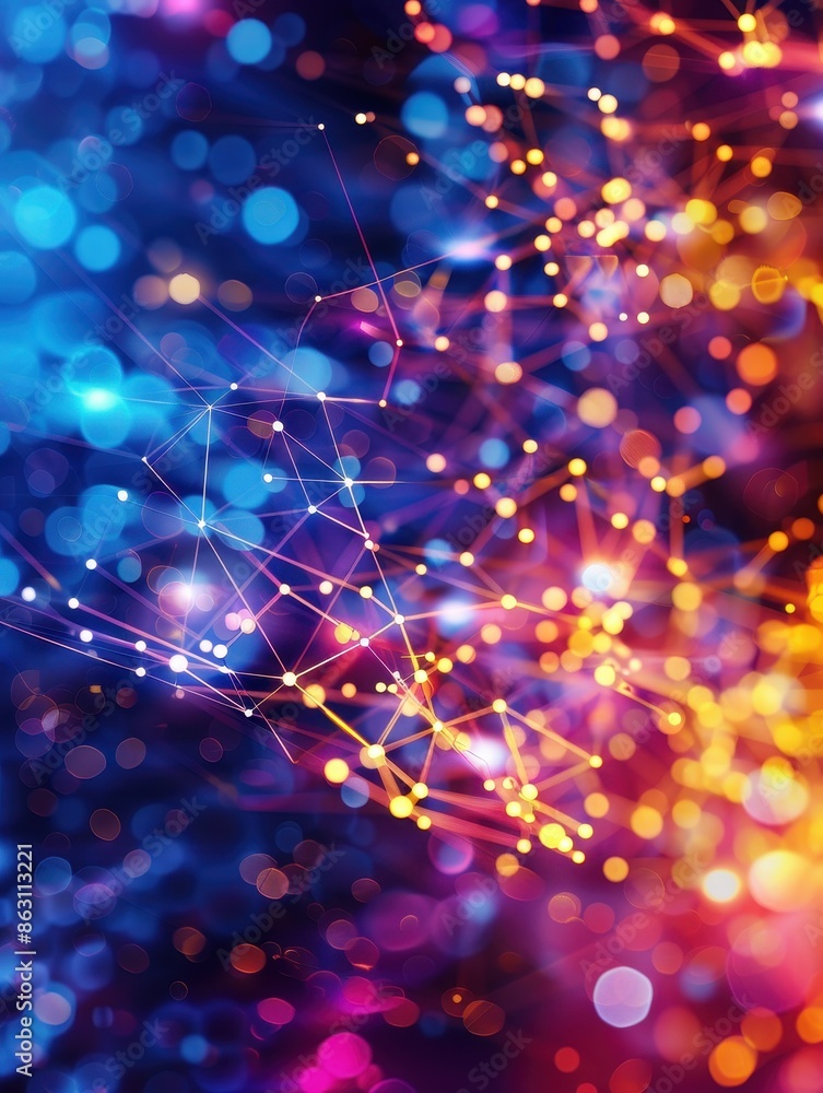 Poster Vibrant abstract background with colorful bokeh lights and glowing connections, perfect for digital and artistic projects.