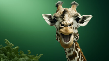 Wild giraffe with surprise face with green gradient background
