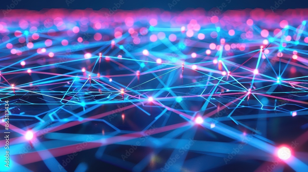 Poster futuristic digital network background, glowing neon pink and blue lights connecting in a complex web