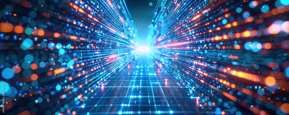 Aufkleber futuristic digital data flow with vibrant blue and orange lights converging in a virtual cyberspace 