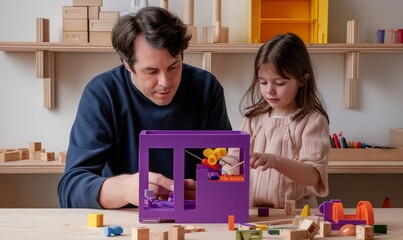 dad and daughter playing with wooden blocks in modern woodwork studio, focused on yellow toy inside purple cube