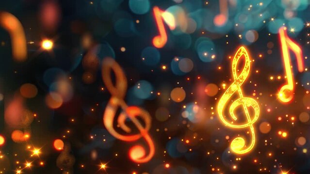 Music notes symbols on glowing blurred lights bokeh background. Concert, karaoke or performance concept