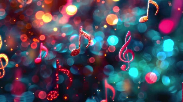 Music notes symbols on glowing blurred lights bokeh background. Concert, karaoke or performance concept