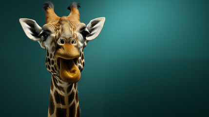 Giraffe sticking out its tongue with blue gradient background. Space for copy write