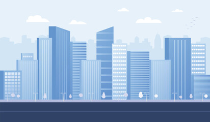 Monochrome urban landscape with clouds in the sky. Blue city buildings with trees. Modern architectural flat style vector illustration. Vector cityscape background.