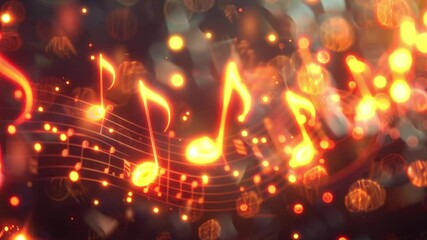 Music notes symbols on glowing blurred lights bokeh background. Concert, karaoke or performance concept