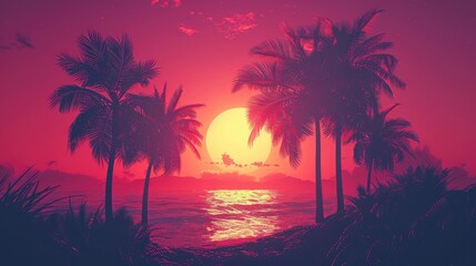 Obraz premium Silhouettes of palm trees against a vibrant sunset over a tropical beach.