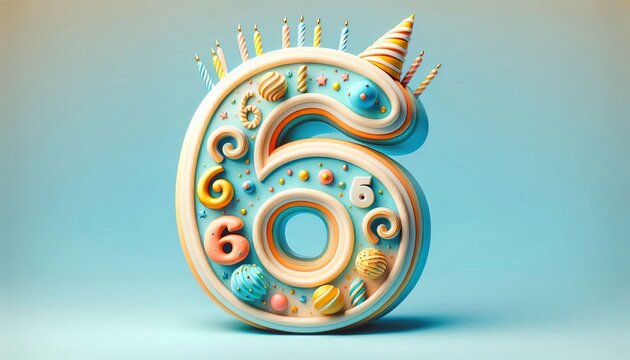 Number 6 decorated with colorful birthday elements including candles and festive patterns celebrating a joyful and whimsical fantasy design