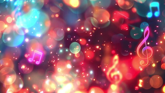 Music notes symbols on glowing blurred lights bokeh background. Concert, karaoke or performance concept