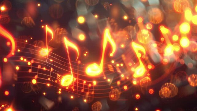 Music notes symbols on glowing blurred lights bokeh background. Concert, karaoke or performance concept