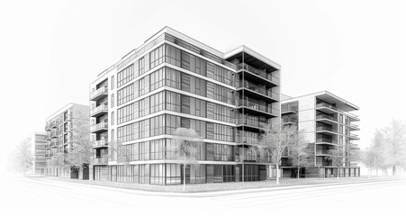 black and white sketch of modern and minimalistic apartment complex, 3d illustration isolated on a white background
