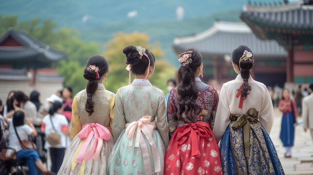 Hanbok Photoshoot - Tourists taking photos in traditional hanbok at Gyeongbokgung Palace, summer in Korea, hanbok, hd, cultural with copy space