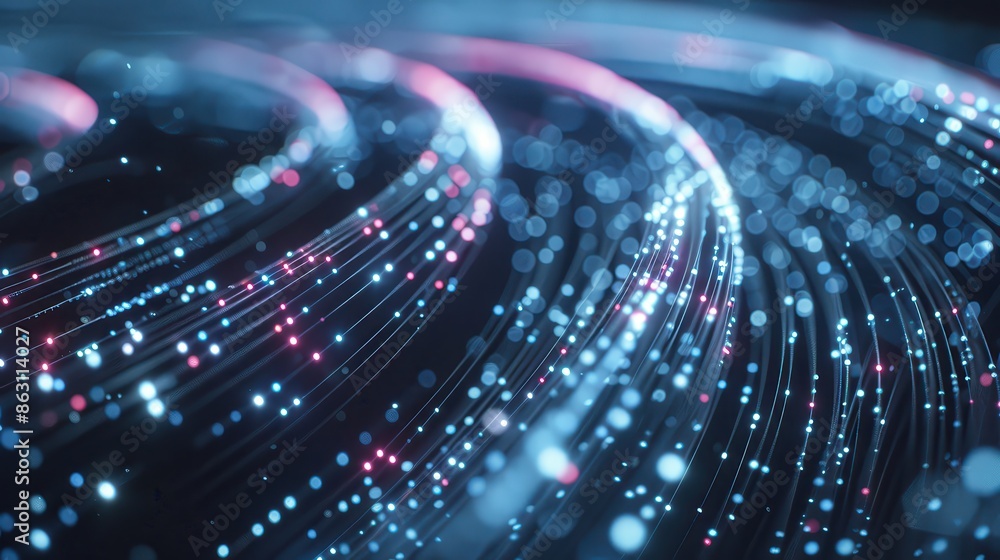 Poster abstract view of glowing fiber optic cables with vibrant colors and shining lights, representing tec
