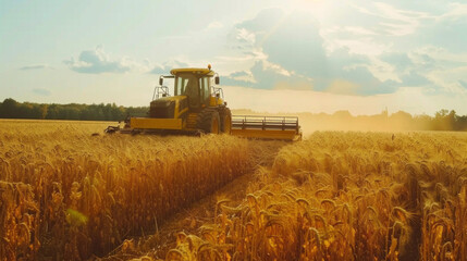 Fototapeta premium A yellow tractor is in a field of wheat