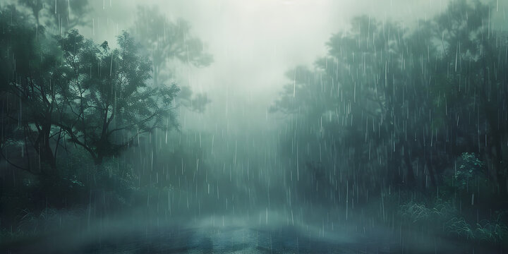 Heavy rain and fog in a gloomy forest