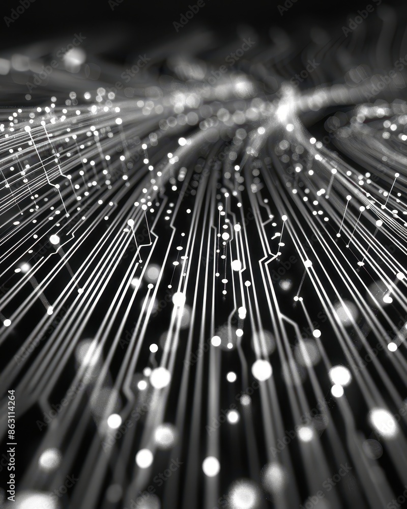 Poster Abstract representation of data flow and communication in a digital network with glowing white lines on a black background.