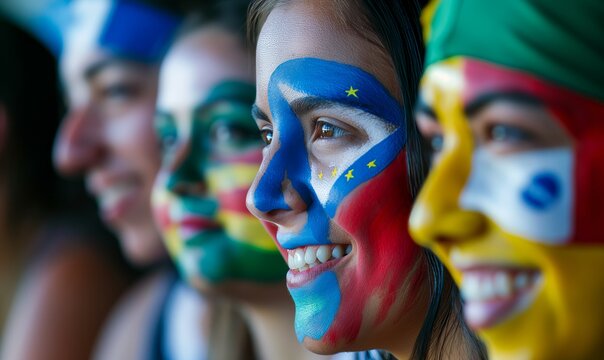 diverse group of fans with painted faces representing different countries watching international soccer match at home