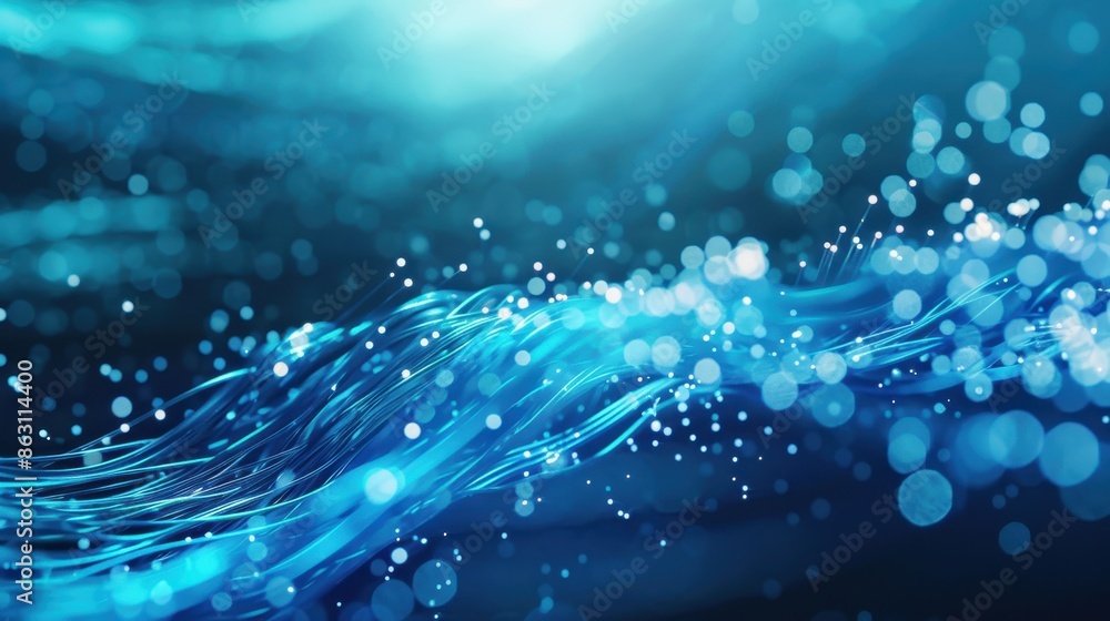 Poster abstract neon blue wave and particle light trail background representing motion, energy, and futuris