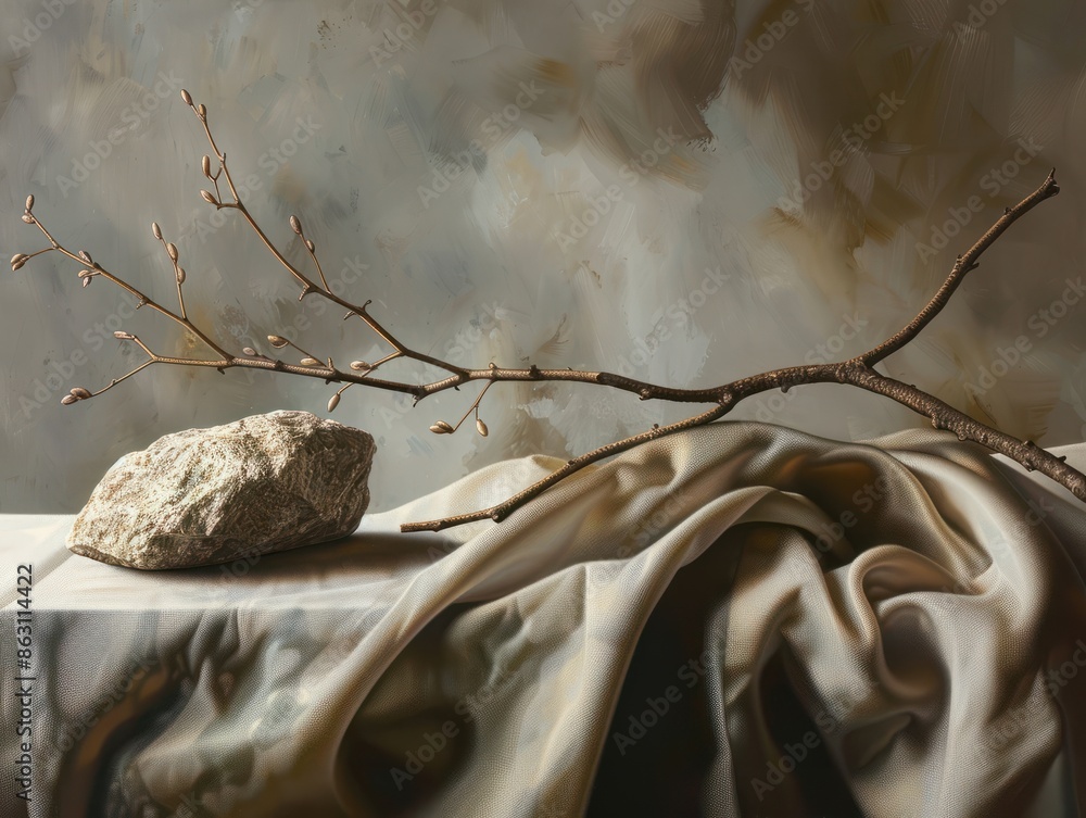 Poster a solitary rock is placed on a fabric-draped surface with a delicate branch in the background, cast 