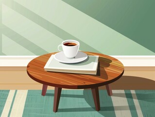 A vector depicting interior design furniture and decor, including a wooden coffee table with a cup of coffee or hot tea and a book, styled for a living room or bedroom in a flat style