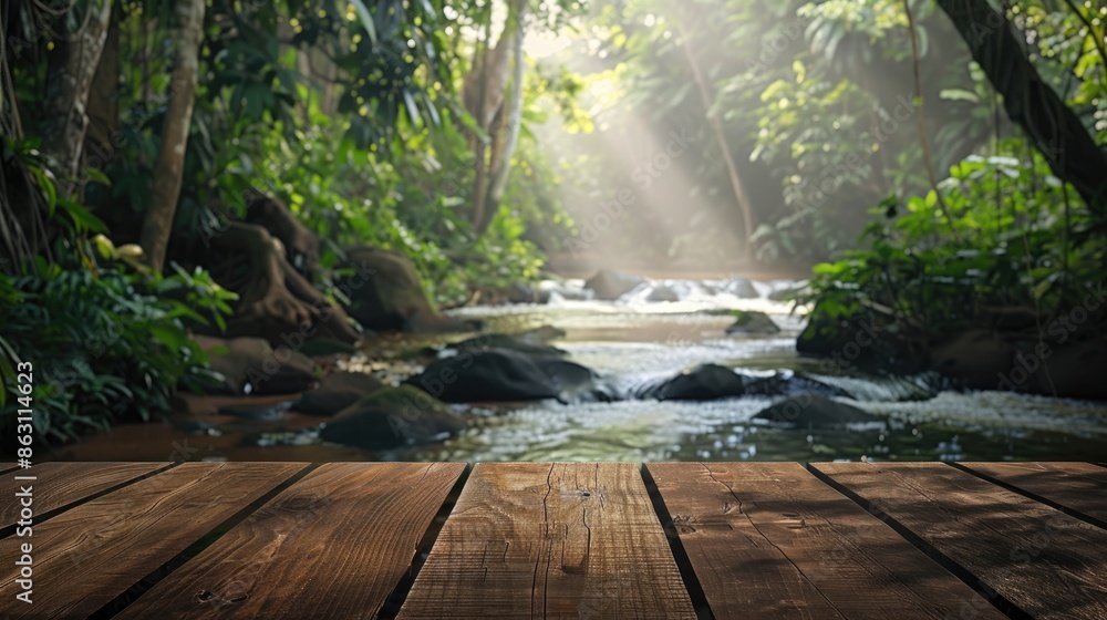 Poster blurry water stream and forest background with wooden table top for product display or design layout