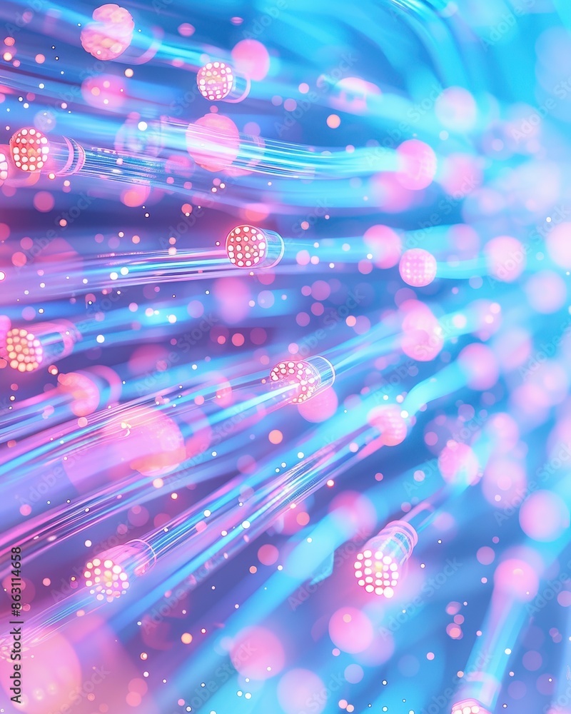 Poster abstract image of fiber optics with vibrant blue and pink light trails, depicting high-speed data tr