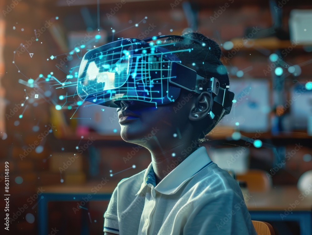 Poster african school student with vr headset using ai artificial intelligence technology & machine learnin