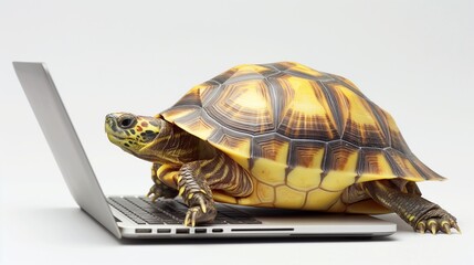 Fototapeta premium Turtle using laptop on white background in studio.