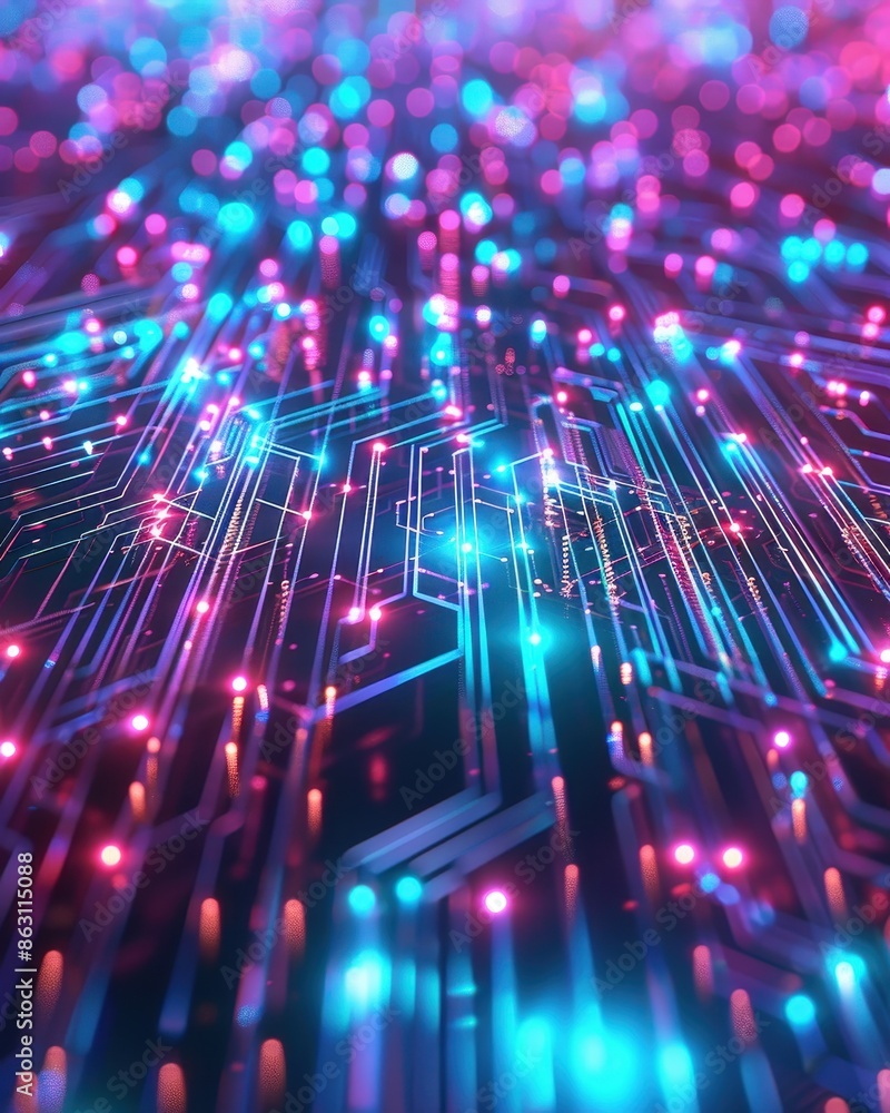 Poster abstract futuristic digital circuit board with neon lights, representing technology and innovation i