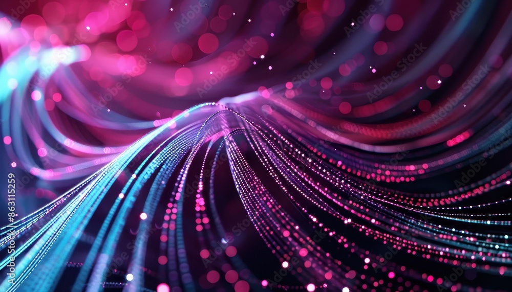 Poster Abstract digital wave with neon lights and particles, representing technology, data, and futuristic concepts.