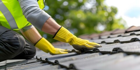 Roofing worker with protective gear installing shingles on a new residential roof. Concept Roofing, Worker, Protective Gear, Shingles, Residential Roof