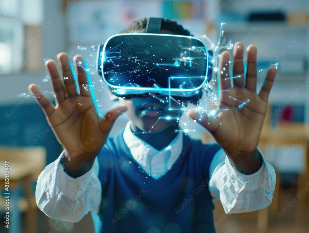 Poster black school boy pupil with vr headset using ai artificial intelligence technology & machine learnin