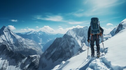 Mountaineer at Sunrise on Snowy Mountain Peak