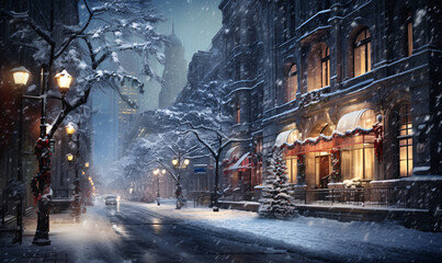 Winter and snow in the city streets. watercolor illustration. Merry Christmas and Happy New Year concept.