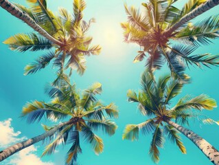 Blue sky and palm trees view from below, vintage style, tropical beach and summer background, travel concept