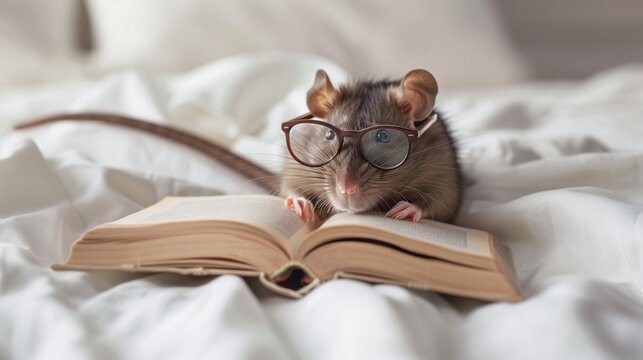 Cute rat with glasses reading a book.