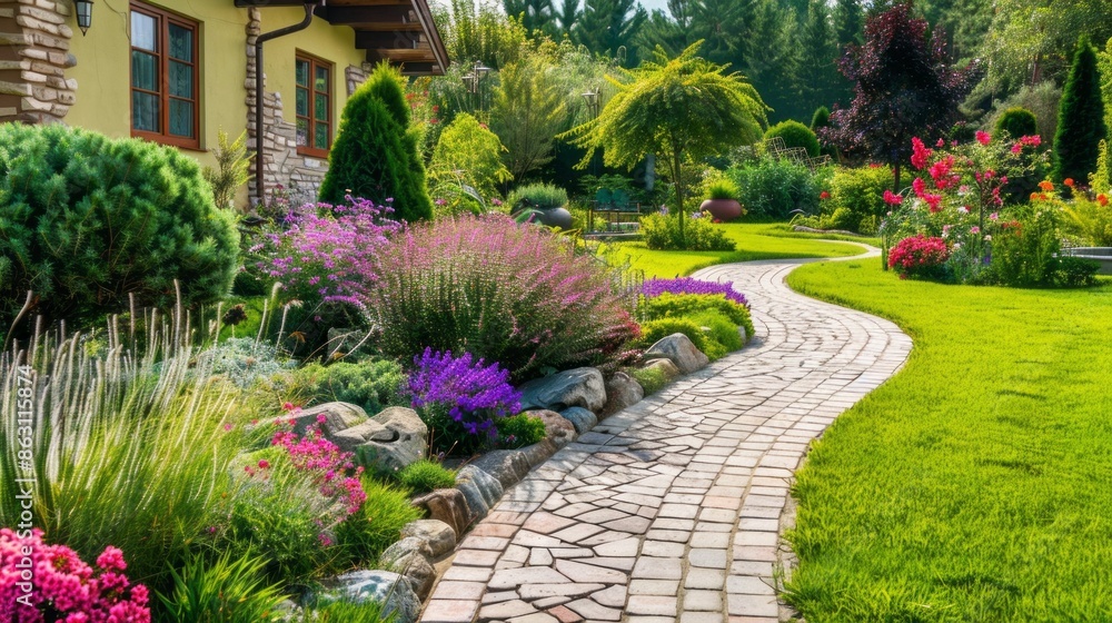 Poster a beautiful garden with a brick path and a house in the background