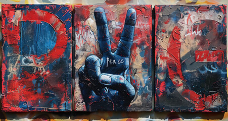 Graffiti art of hand symbols for peace painted on three different canvases placed next to each other, modern artwork, street art   