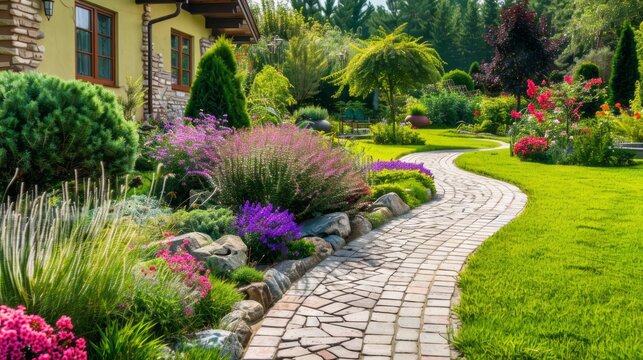 A beautiful garden with a brick path and a house in the background
