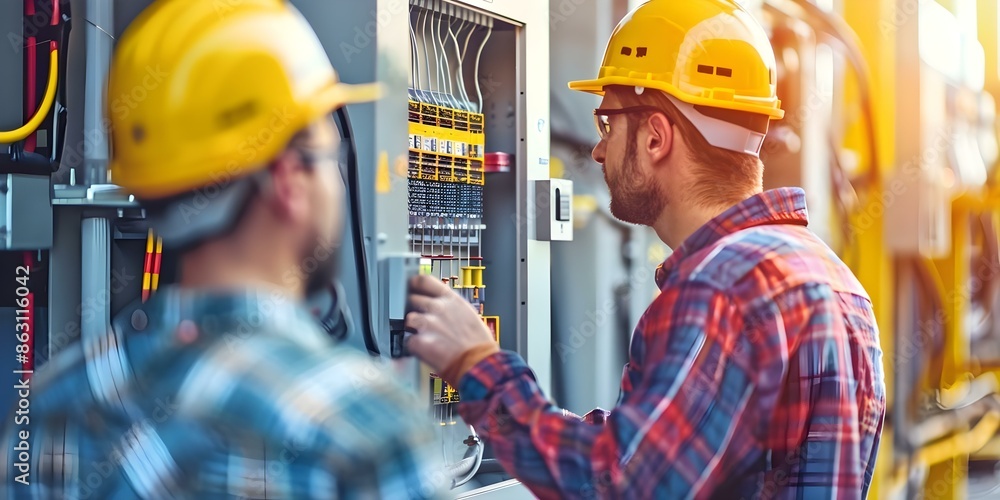 Poster technicians collaborate to test energy meter accuracy in power distribution substation. concept subs