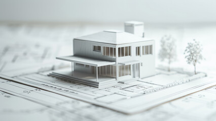  A small architectural model of a house placed on top of a detailed blueprint. The image represents architecture, planning, and construction.
