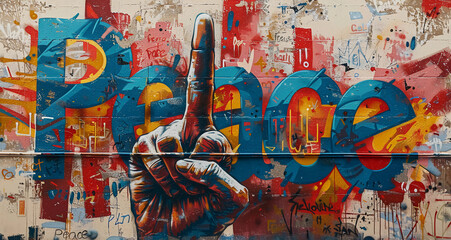 Obraz premium Graffiti art of hand symbols in front of the word Peace painted on a colorful wall, modern artwork, street art 