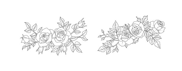 Rose flower arrangement line art on white background. Silhouette roses botanical hand drawn element for wedding, invitation frame design, vector illustration