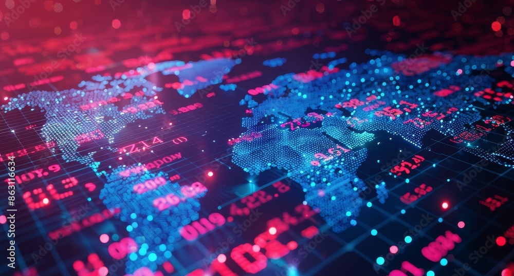 Poster digital world map with red and blue data points